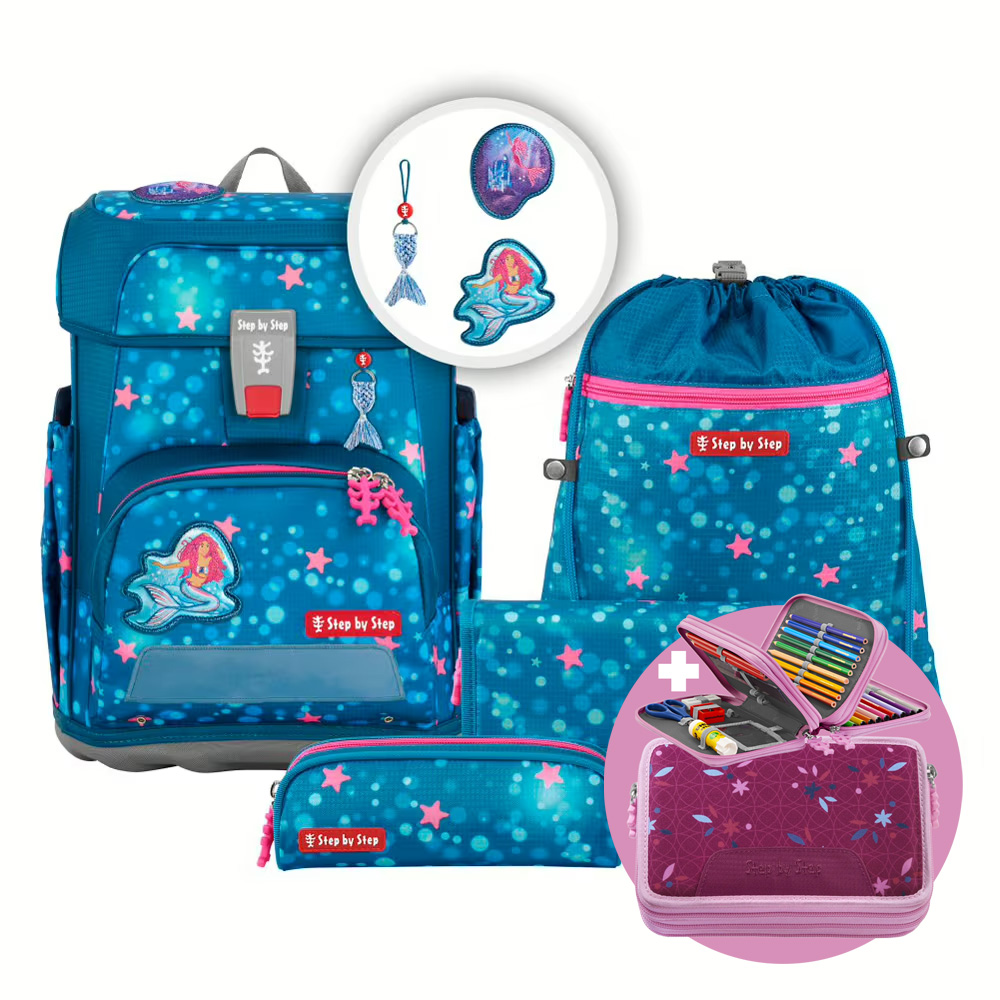 Školská aktovka CLOUD pre prváčikov - 5-dielny set, Step by Step Mermaid Lola, certifikát