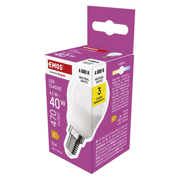 LED žiarovka EMOS Lighting E14, 230V, 4.2W, 470lm, 4000k, neutrálna biela, 30000h, Mini Globe 45x45x82mm