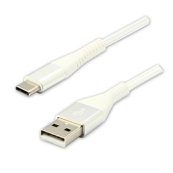 Logo USB kábel (2.0), USB A samec - USB C samec, 2m, 480 Mb/s, 5V/3A, biely, box, nylónové opletenie, hliníkový kryt konektora, DO