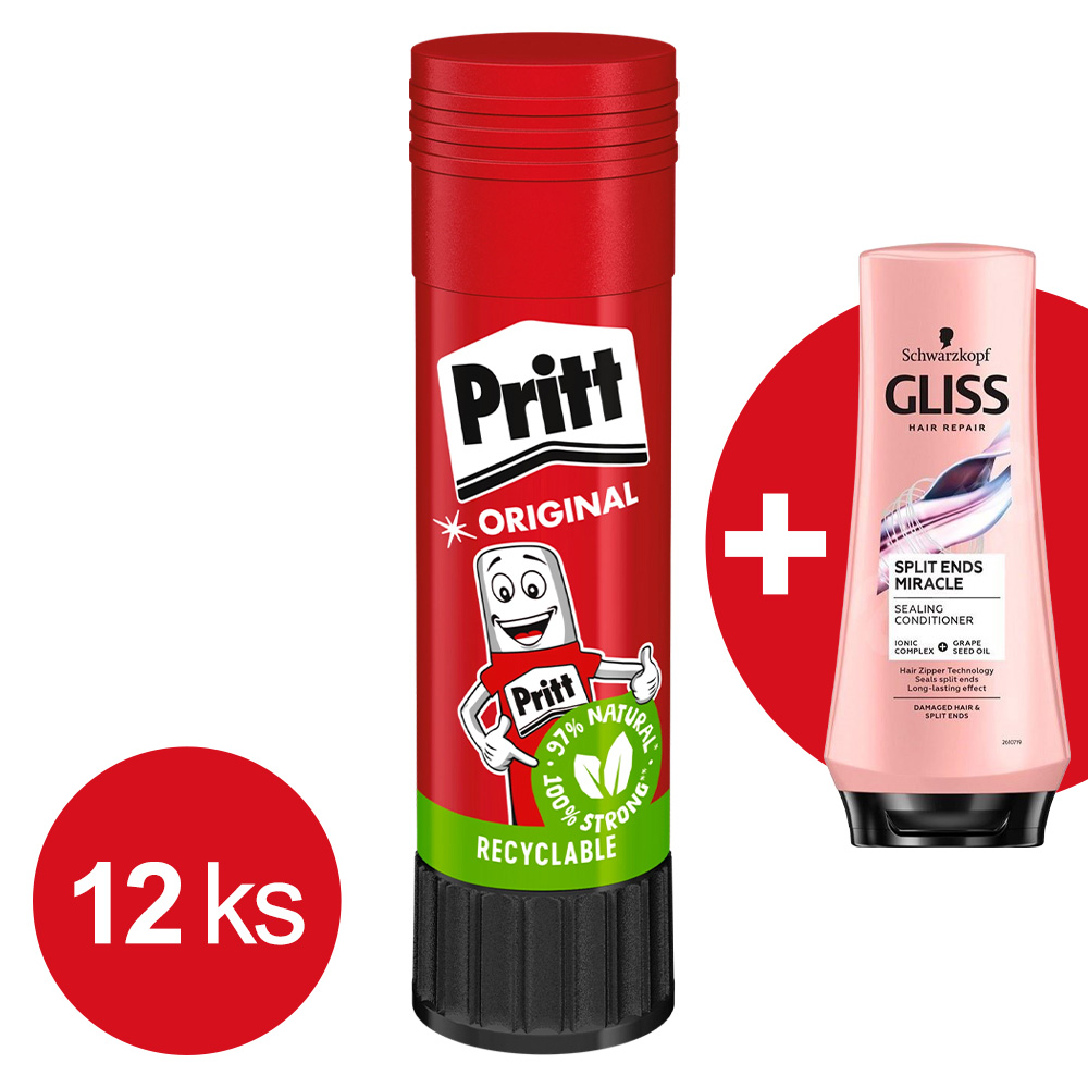 Lepiaca tyčinka Pritt stick 20 g 12 ks + Darček: Kondicionér na vlasy Gliss Split 250 ml
