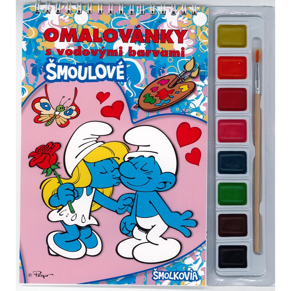 Omalovánky s vodovými farbami - blok A5 so špirálou + vodové farby "Šmolkovia"