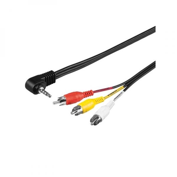 Audio/Video kábel Jack (3.5mm) samec - 3x CINCH samec, 1.5m, 4-pólovy jack 90&deg;, čierny, Logo blister, DOPREDAJ