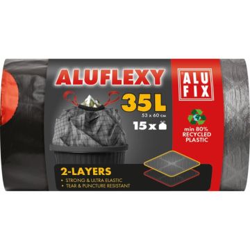 Vrecia na odpadky zaťahovacie Alufix 35 l / 15 ks, 28mic., LDPE 2 vrstvové, 53 x 60 cm, sivo-čierne