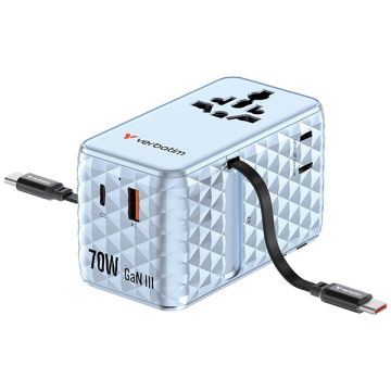 Verbatim, Cestovný adaptér Charge ,n, Travel GaN III 1x USB-C, 1X USB-A + 2x integrovaný kábel USB-C, modrá, 70 W