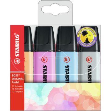 Sada zvýrazňovačov STABILO BOSS ORIGINAL Pastel 4S Pastelová oranžová, svieža modrá, fuchsiová, sivá