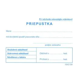 Tlačivo Priepustka A7 IGAZ 039