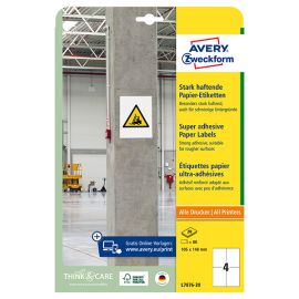 Avery Zweckform etikety 105mm x 148mm, A4, biele, 4 etikety, s vysokou lepivosťou, balené po 20 ks, L7876-20, pre laserové a atram