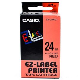Casio originál páska do tlačiarne štítkov, Casio, XR-24RD1, čierny tlač/červený podklad, nelaminovaná, 8m, 24mm