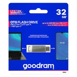Goodram USB flash disk, USB 3.0, 32GB, ODA3, strieborný, ODA3-0320S0R11, USB A / USB C, s otočnou krytkou
