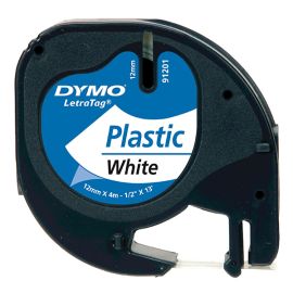 Dymo originál páska do tlačiarne štítkov, Dymo, 91221, S0721660, čierny tlač/biely podklad, 4m, 12mm, LetraTag plastová páska
