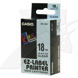 Casio originál páska do tlačiarne štítkov, Casio, XR-18X1, čierny tlač/priehľadný podklad, nelaminovaná, 8m, 18mm