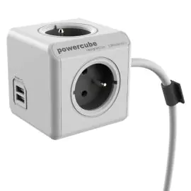 Sieťový kábel 230V predlžovací, CEE7 (vidlica) - POWERCUBE, 1.5m, EXTENDED USB, šedý, POWERCUBE, 2x USB port, 4 zásuvky, detské po