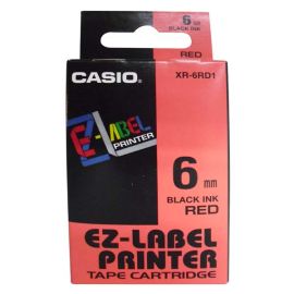 Casio originál páska do tlačiarne štítkov, Casio, XR-6RD1, čierny tlač/červený podklad, nelaminovaná, 8m, 6mm