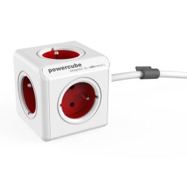Sieťový kábel 230V predlžovací, CEE7 (vidlica) - POWERCUBE, 3m, EXTENDED, červený, POWERCUBE, 5 zásuviek, detské poistky, montážny