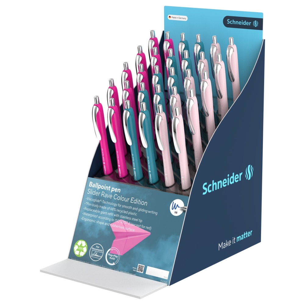 Prezentačný stojan Pero guľôčkové Schneider Slider Rave colour (30 ks) - modrá náplň