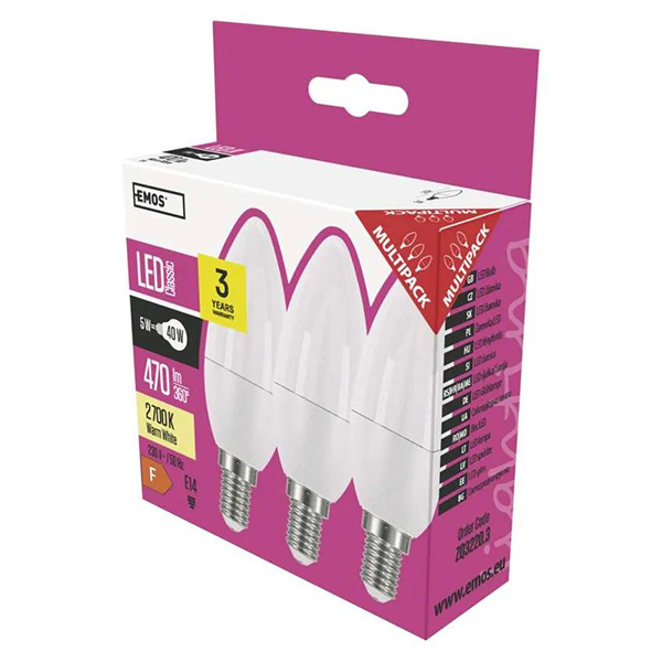 LED žiarovka EMOS Lighting E14, 220-240V, 4.2W, 470lm, 2700k, teplá biela, 30000h, Classic Candle 102x35x35mm-3pack