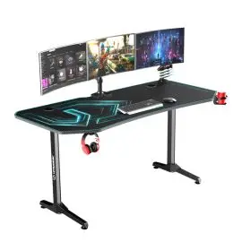 ULTRADESK Herný stôl FRAG XXL BLUE, 160 x 75 cm, 75 cm, držiak nápojov a slúchadiel, stojan BEAM, s celoplošnou XXL podložkou pod