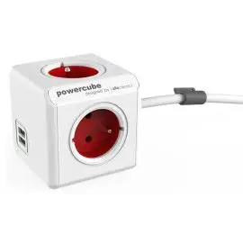 Sieťový kábel 230V predlžovací, CEE7 (vidlica) - POWERCUBE, 1.5m, EXTENDED USB, červený, POWERCUBE, 4 zásuvky, 2xUSB port,detská p